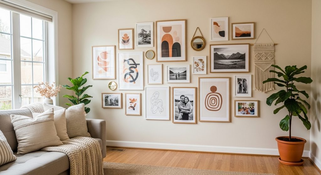  A cozy living room wall with a mix of framed art prints and photos arranged in a stylish gallery layout, illuminated by natural light with a modern boho vibe.
