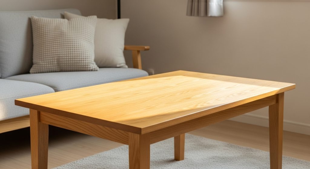 DIY Center Table Decor Ideas for Living Room 2 A simple living room with a freshly cleaned wooden center table, sunlight gently reflecting off its surface, creating a bright and refreshed look.