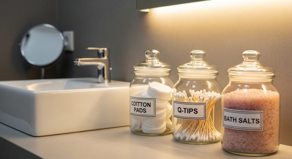 10 Genius Bathroom Storage Hacks You’ll Wish You Knew Sooner 13 Modern bathroom counter styled with matching glass jars labeled for cotton pads, q-tips, and bath salts, illuminated by soft, cozy lighting.
