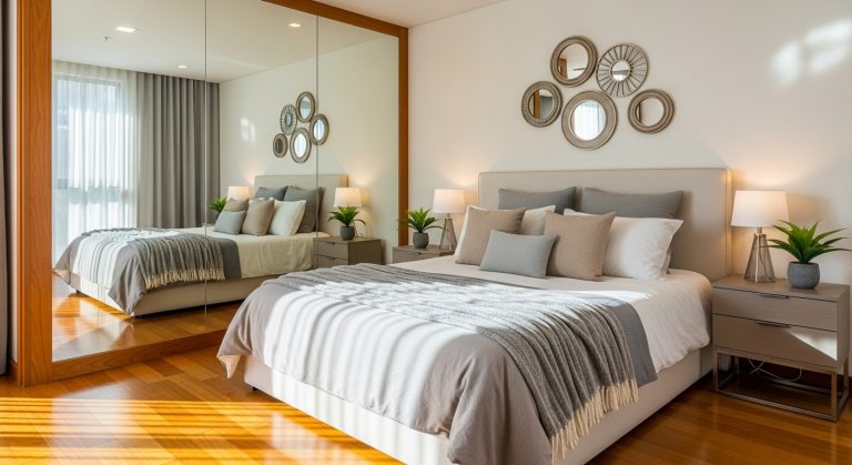 Mirror Decoration Ideas for Bedroom: Brighten Up Your Space 1 A bright modern bedroom with elegant mirror decor, neutral bedding, soft sunlight, and cozy natural styling
