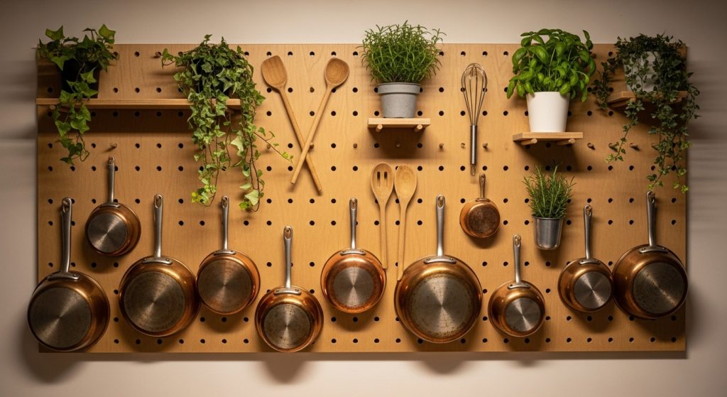 A wall-mounted pegboard displaying hanging pans, wooden spoons, and small plants, creating a cozy and modern kitchen vibe.

