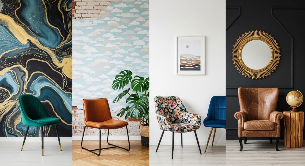 Accent Furniture for Decor: Statement Pieces That Elevate Any Room 10 A stylish showroom display featuring a collection of accent chairs in various styles — from plush velvet to sleek leather — arranged against vibrant, colorful backgrounds. The image showcases exquisite detailing, rich textures, and modern design variety, creating a visually stunning and inspiring furniture presentation.