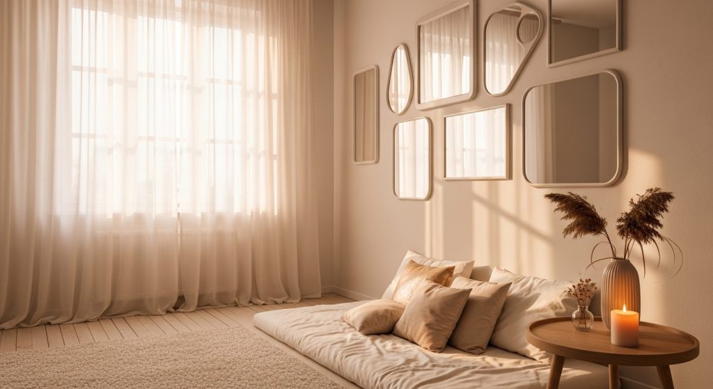 Mirror Decoration Ideas for Bedroom: Brighten Up Your Space 7 “Softly lit bedroom with mirrors reflecting sunlight from a window, sheer curtains, and warm neutral tones creating a cozy ambiance.”
