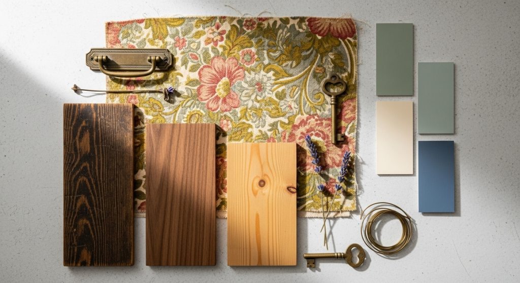 Vintage Style Interior on a Budget: Timeless Decor Tips 3 
A living room mood board displaying vintage fabrics, wood finishes, muted paint swatches, and aged brass accents, capturing a warm and timeless interior design style.