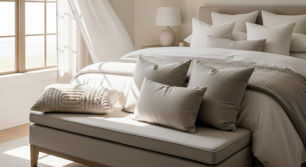 Accent Furniture for Decor: Statement Pieces That Elevate Any Room 12 A serene bedroom featuring a cushioned bench placed at the end of a neatly made bed with soft bedding and gentle natural light streaming in. The scene exudes calmness and comfort, showcasing elegant textures, neutral tones, and a cozy, inviting atmosphere.