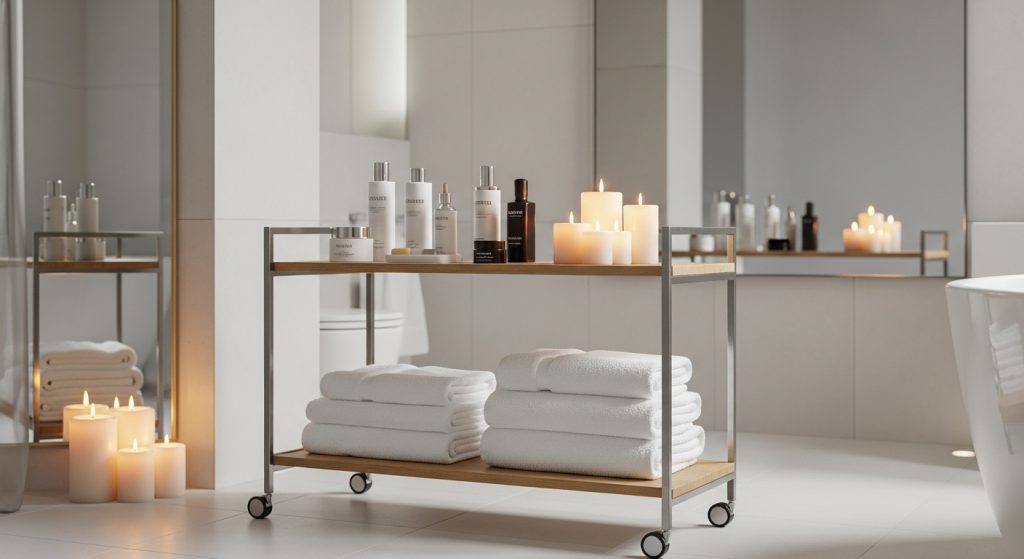 10 Genius Bathroom Storage Hacks You’ll Wish You Knew Sooner 7 Slim rolling cart with light wood and metal design in a modern bathroom, holding towels, skincare, and candles.