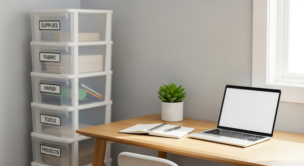 Minimalist Decor for Studios: Space Saving Tips You’ll Love 3 
A tidy studio corner with a neat stack of labeled storage bins beside a bright, organized desk holding a laptop, a small plant, and a notebook, creating a fresh and purposeful workspace.