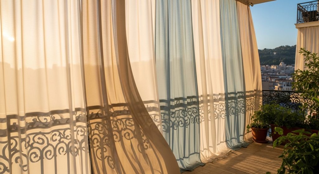 20 Creative Balcony Decoration Ideas You Can Try on a Budget 12 
Flowing weatherproof curtains hanging on a balcony, gently blowing in the wind under soft afternoon light, creating beautiful movement, subtle privacy, and a serene shaded retreat.