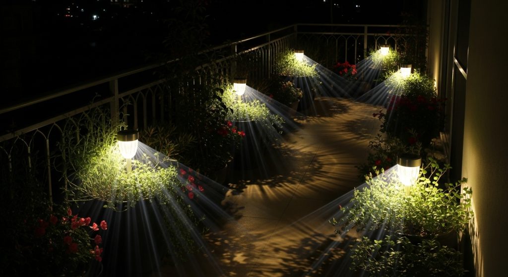 20 Creative Balcony Decoration Ideas You Can Try on a Budget 8 
Solar-powered lamps glowing among potted plants on a dark balcony, creating gentle pathways of light with ethereal beams and stylish garden accents for nighttime safety and charm.