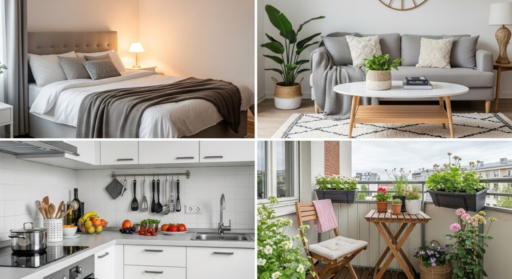 Creative Corner Decoration Ideas to Beautify Every Room 10 A collage of stylish home corners including a bedroom, living room, kitchen, and balcony, each decorated cohesively with modern and inviting design