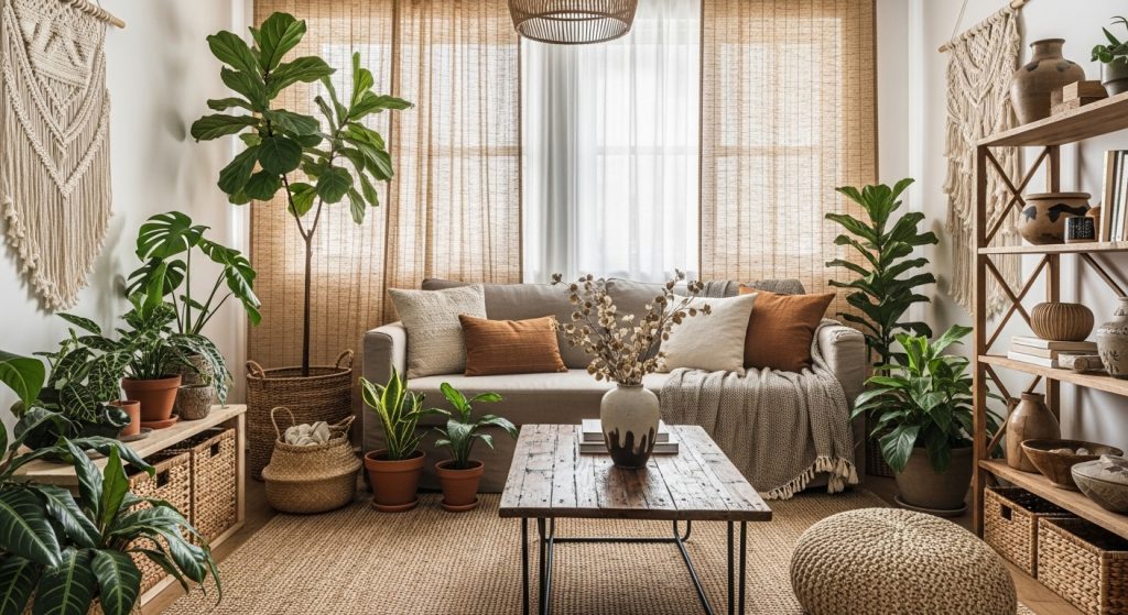 Modern Curtain Design for Living Room That Instantly Upgrade Your Space 10 An eco-inspired living room with bamboo-fiber curtains, lush houseplants, and natural textures creating a fresh, sustainable atmosphere.