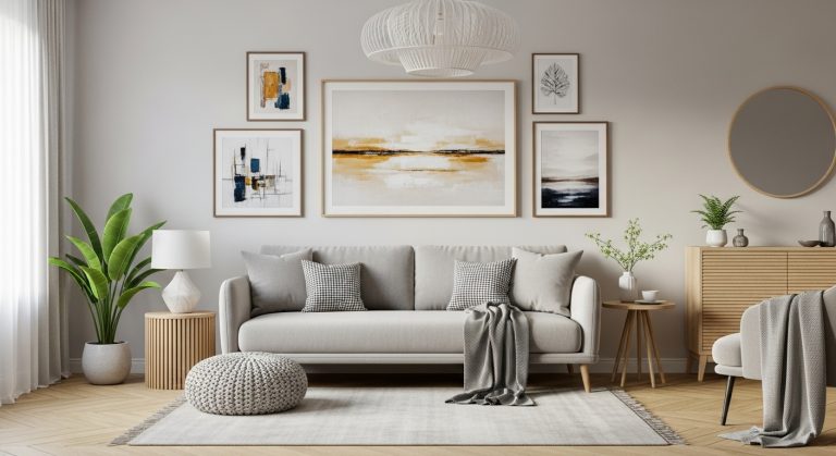 Wall Art Ideas for Living Room: Make Your Space Feel Designer 8 ALT Text: A bright modern living room with a stylish gallery wall of framed abstract and minimalist art above a cozy sofa, featuring neutral tones, soft textures, indoor plants, and natural daylight for an elegant designer look.