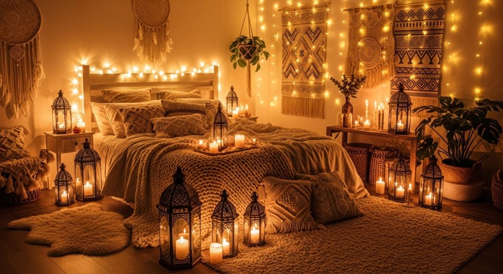 Boho Bedroom Decor on a Budget: Cozy & Chic Style for Less 6 A cozy Boho bedroom at night illuminated by string lights, lanterns, and candles, featuring textured bedding and wall hangings for a warm, golden glow.