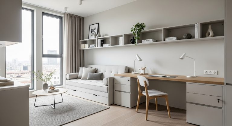 Minimalist Decor for Studios: Space Saving Tips You’ll Love 4 A bright, modern studio apartment showcasing minimalist decor for studios, featuring neutral tones, multi-functional furniture, open shelving, and clean lines. Natural daylight streams through large windows, creating an airy, organized, and stylish atmosphere that harmonizes living and workspace areas.