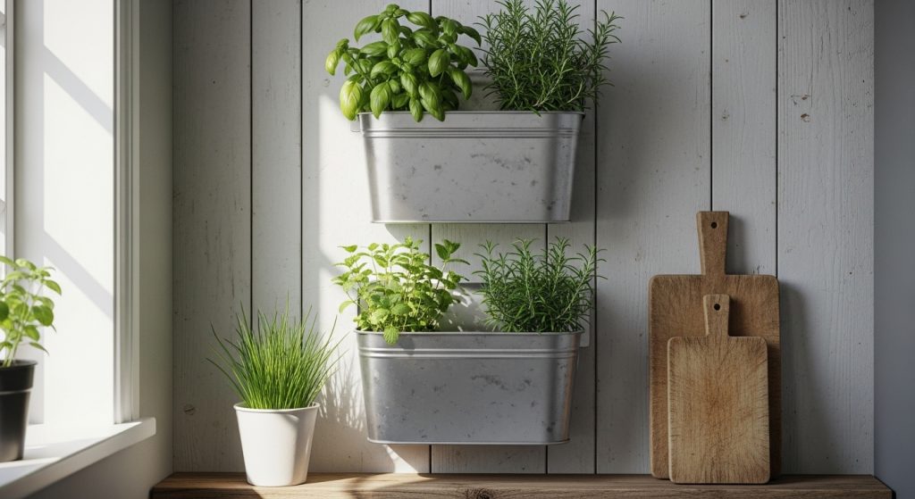 A small kitchen wall with a vertical herb garden displaying basil, mint, and rosemary in sleek metal planters.

