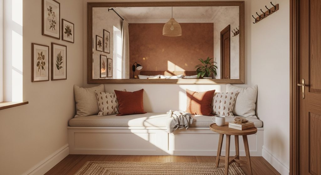 Accent Furniture for Decor: Statement Pieces That Elevate Any Room 19 A beautiful tiny room featuring a mirror above a bench, where reflected light creates an illusion of spaciousness. The scene is styled in warm, inviting tones with soft lighting and elegant décor, showcasing how simple design elements can make a small space feel bright and open.
