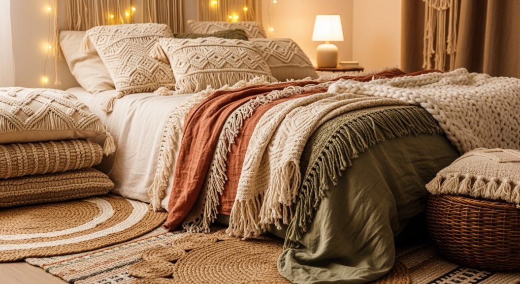 Boho Bedroom Decor on a Budget: Cozy & Chic Style for Less 3 A close-up of a Boho bed setup featuring macramé pillow covers, fringed blankets, and jute rugs in earthy muted tones under cozy lighting