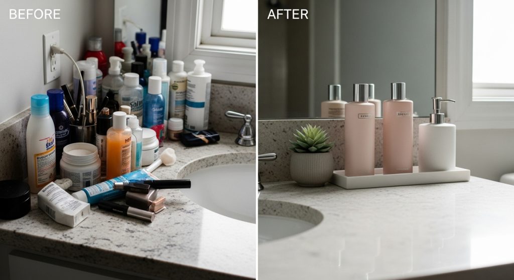 10 Genius Bathroom Storage Hacks You’ll Wish You Knew Sooner 3 Bathroom countertop before-and-after: left side cluttered with scattered products, right side tidy with minimal items, jars, and natural light highlighting the clean transformation.