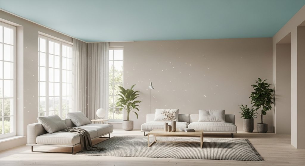 Simple Ceiling Decor Design That Transforms Any Room 6 A modern living room with pastel ceiling paint, neutral walls, and large windows letting in natural light for a bright, airy atmosphere.