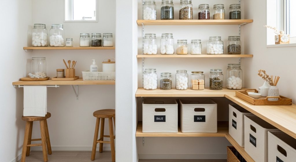 A small pantry or bathroom setup with clear glass jars, labeled bins, and wooden accents, showcasing an airy, organized, and minimalist aesthetic.
