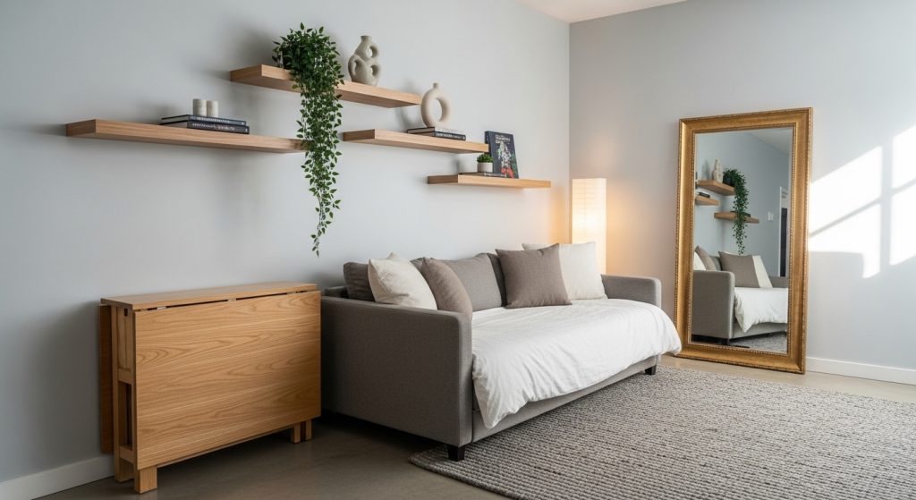 Minimalist Decor for Studios: Space Saving Tips You’ll Love 12 
A wide view of Sarah’s transformed studio featuring a sofa bed, foldable table, floating shelves with a plant, and a mirror reflecting natural light, creating an open, modern, and personal atmosphere.