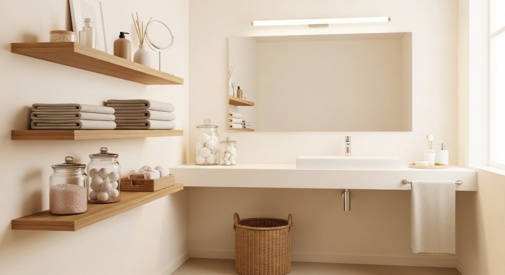 10 Genius Bathroom Storage Hacks You’ll Wish You Knew Sooner 14 Bright, clutter-free bathroom styled like a spa with floating shelves, woven baskets, and glass jars, featuring a cozy modern aesthetic in a hyper-realistic view.