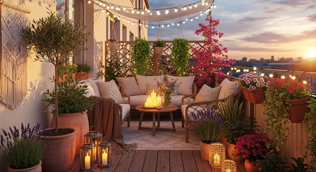 20 Creative Balcony Decoration Ideas You Can Try on a Budget 21 
A beautifully decorated balcony at golden hour featuring plants, string lights, and cozy seating, showcasing stunning harmony and eye-catching details for an amazing completed transformation.