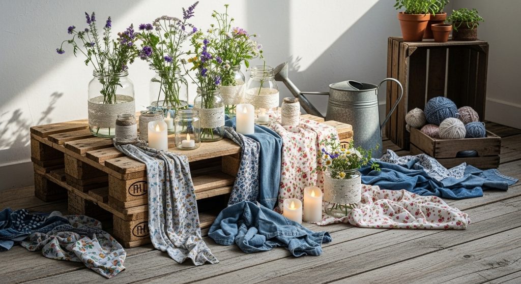 20 Creative Balcony Decoration Ideas You Can Try on a Budget 3 
A collection of recycled materials, including wooden pallets, old jars, and fabric scraps, artistically arranged on a balcony floor under soft natural light, highlighting rustic textures and creative DIY charm.