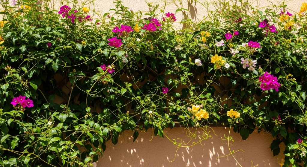 20 Creative Balcony Decoration Ideas You Can Try on a Budget 20 
Climbing vines blooming with flowers on a trellis along a balcony wall, bathed in sunlight, creating a beautiful natural curtain with lush, eye-catching growth.