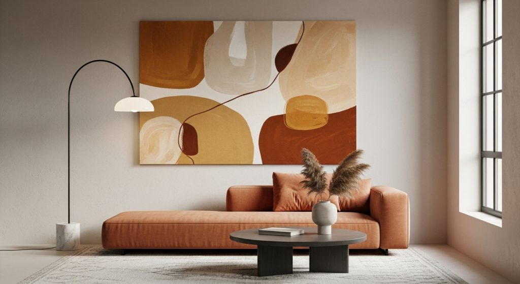 A minimal modern living room featuring a large abstract canvas above the sofa, warm tones, and stylish lighting, creating an elegant and eye-catching look.
