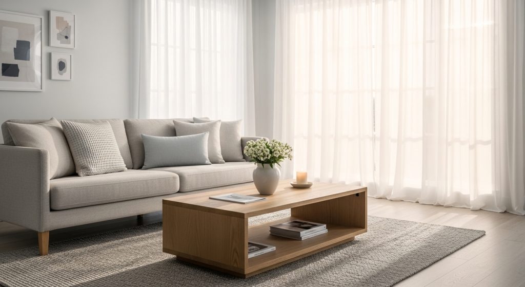 Modern Curtain Design for Living Room That Instantly Upgrade Your Space 2 A modern living room with white sheer curtains, a wooden coffee table, a neutral sofa, and soft daylight streaming in for a calm, inviting look.