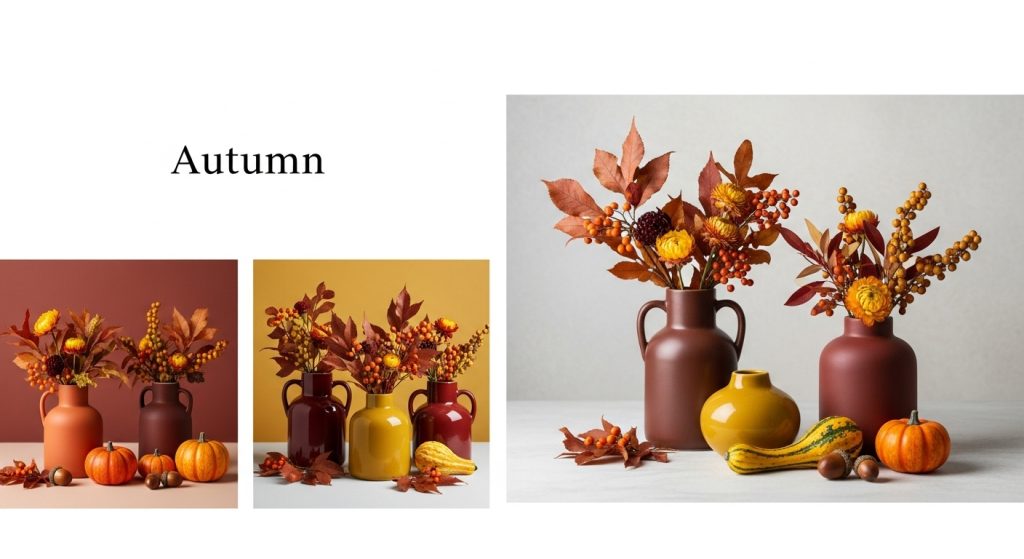 
A flat lay composition divided into four sections, each showcasing a vase styled for spring, summer, autumn, and winter, arranged on a neutral background for a seasonal décor theme.
