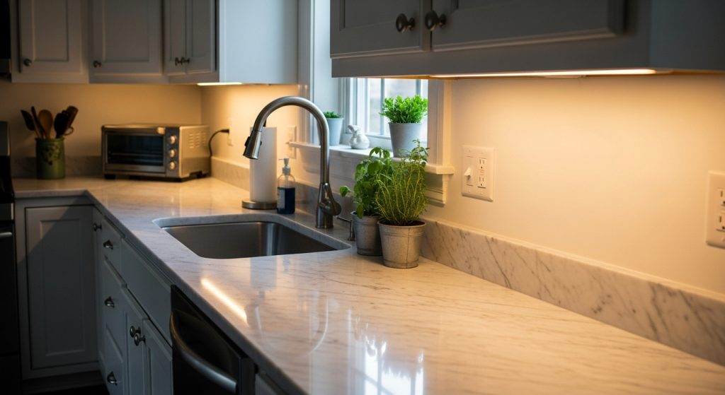 A cozy kitchen with under-cabinet LED lighting highlighting marble countertops and clean white walls for a modern look.
