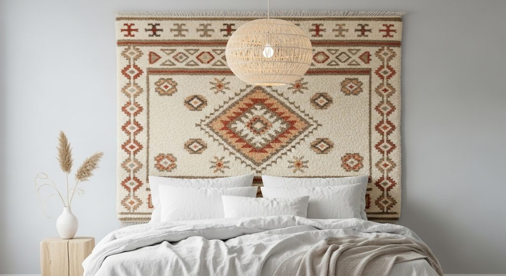 Wall Rug Placement Ideas to Add Warmth & Texture to Any Room 5 A serene bedroom with a boho-style woven rug used as a headboard, white linen bedding, and soft pendant lighting.