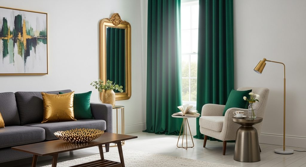 Modern Curtain Design for Living Room That Instantly Upgrade Your Space 6 A contemporary living room with bold green curtains, gold décor accents, and a cozy reading nook creating a stylish, inviting space.