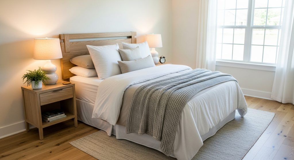 How to Set Up a Guest Room on a Budget: Stylish Ideas 3 
Guest room featuring a mix of furniture styles with a painted vintage dresser, modern lamp, patterned rug, and neutral bedding in an aesthetic realistic look.