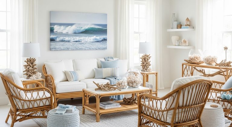 Coastal Home Styling: Calm & Beachy Decor Inspiration 8 A bright and airy living room showcasing elegant coastal home styling with white and soft blue tones, rattan furniture, driftwood accents, seashells, and linen textures. Sunlight fills the space, highlighting ocean-inspired wall art and creating a calm, breezy seaside ambiance in a realistic, magazine-quality interior setting.