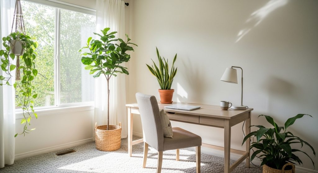 Budget Friendly Home Makeover Ideas You Can Try This Weekend 8 A bright home office corner with indoor plants, natural light, and neutral furniture creating a calm and peaceful atmosphere.