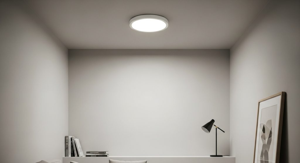 Creative Lighting Ideas for Small Room That Instantly Transform Your Space 8 
A low-ceiling small room illuminated by a sleek flush mount light fixture that spreads even, soft light. The minimalist design creates an eye-catching upward focus and an amazing clean, bright ambiance.