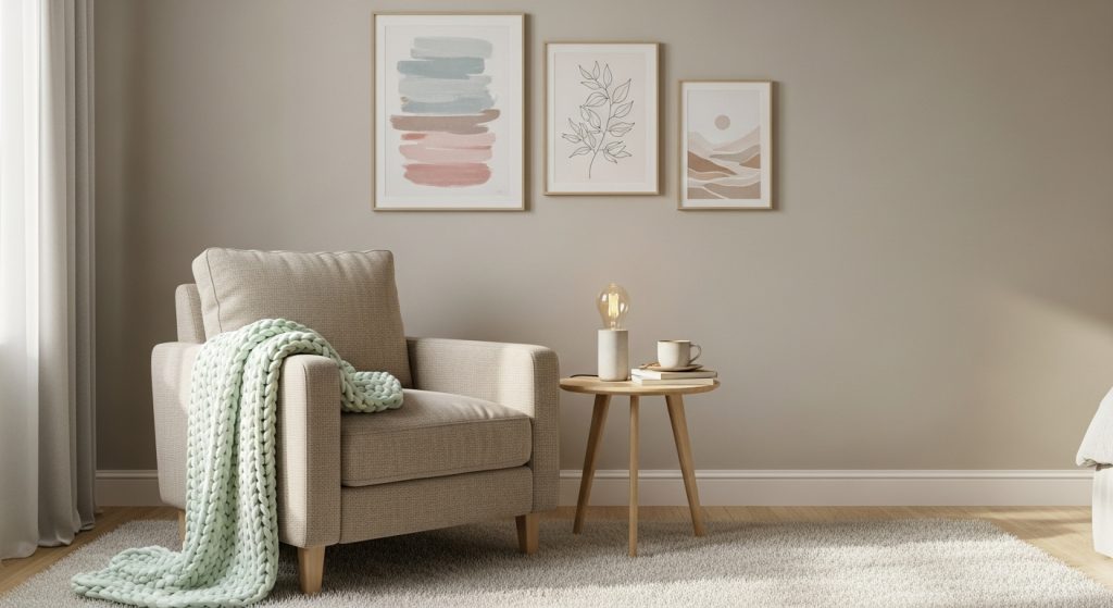 Creative Corner Decoration Ideas to Beautify Every Room 3 A peaceful bedroom corner with a cozy armchair, warm lighting, soft rug, and framed art, styled in muted beige and pastel tones for a calm, intimate feel