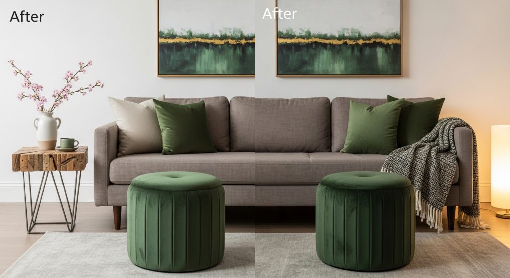 Accent Furniture for Decor: Statement Pieces That Elevate Any Room 2 
A before-and-after image of a room transformation — from a plain, empty space to a stylish setting featuring a textured ottoman and a unique side table. The decor adds elegance, warmth, and balance, showcasing how small details can completely elevate a room’s look.