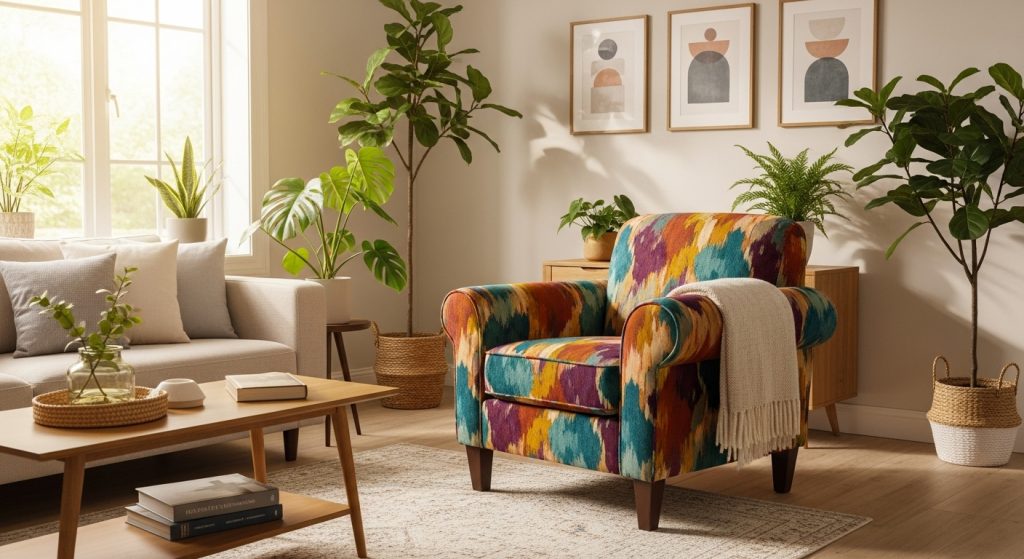 Accent Furniture for Decor: Statement Pieces That Elevate Any Room 1 
A welcoming living room featuring a colorful accent chair that pops against neutral tones, surrounded by soft lighting and lush green plants. The space feels warm, vibrant, and inviting — a perfect example of modern interior balance and cozy elegance.