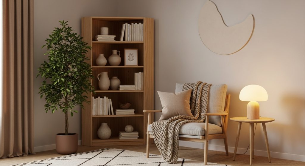 Creative Corner Decoration Ideas to Beautify Every Room 2 A modern living room corner with a tall plant, corner bookshelf, and cozy accent chair under soft lighting, styled in natural earthy tones with Scandinavian design elements.