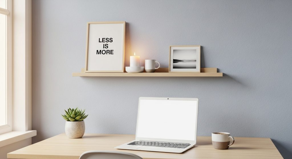 Minimalist Home Office Setup: Create a Productive & Calm Workspace 9 A clean minimalist workspace with a floating shelf displaying a small framed quote, a candle, and a simple photo, creating a calm and elegant atmosphere.
