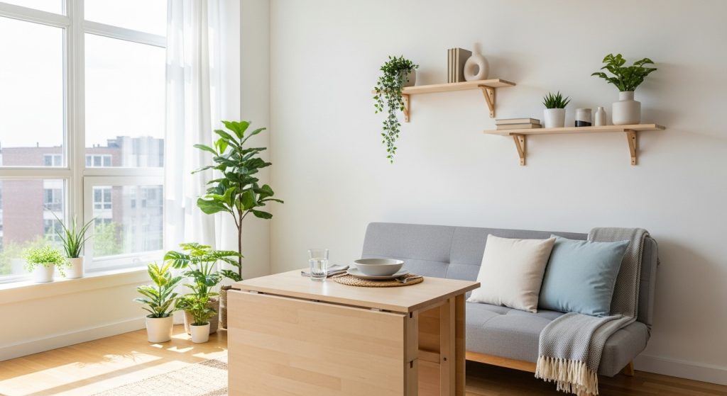 Minimalist Decor for Studios: Space Saving Tips You’ll Love 1 
A bright, airy studio apartment with sleek white walls, a foldable wooden table, a cozy sofa bed, and potted plants by a large sunlit window, creating a calm and modern atmosphere.