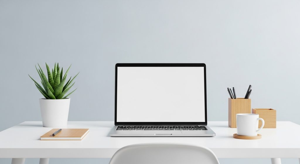 Minimalist Home Office Setup: Create a Productive & Calm Workspace 6  Minimalist white office desk with a laptop, small green plant, and wooden accents against a soft background.
