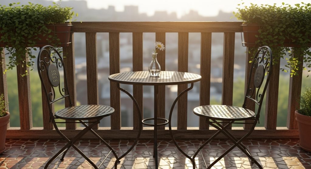 20 Creative Balcony Decoration Ideas You Can Try on a Budget 11 
A compact foldable bistro set with a table and two chairs on a cozy balcony, decorated with a simple vase and bathed in morning light, creating a beautifully simple and intimate dining nook.