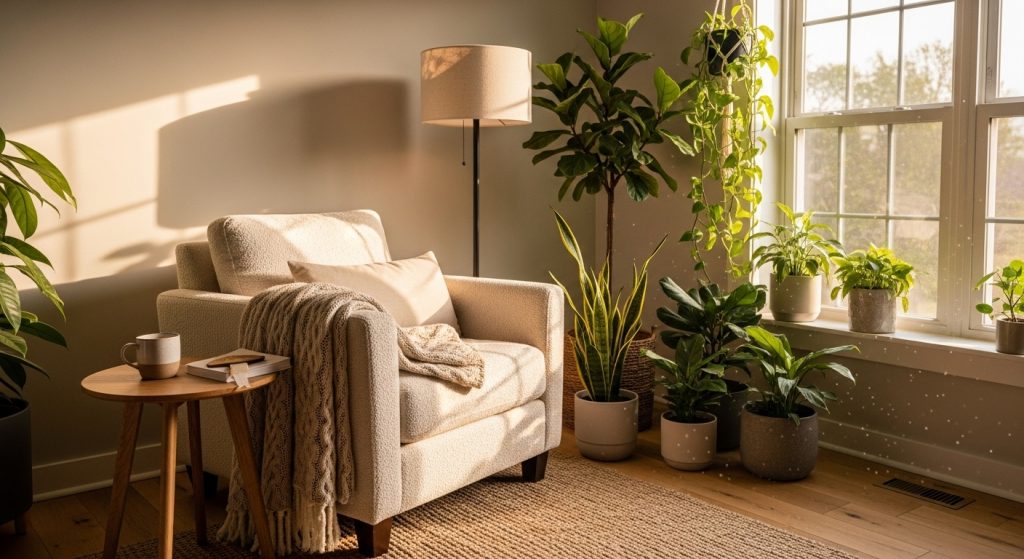 Creative Corner Decoration Ideas to Beautify Every Room 1 A warm, sunlit living room corner with a soft armchair, standing lamp, small round table, and plants by the window, featuring cozy textures and neutral tones for a relaxing vibe.