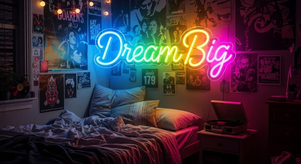 Creative Lighting Ideas for Small Room That Instantly Transform Your Space 9 
A tiny bedroom featuring a vibrant neon sign that reads “Dream Big,” casting colorful glows on the walls. The scene exudes beautiful artistic flair, eye-catching bold style, and an amazing personalized energy.