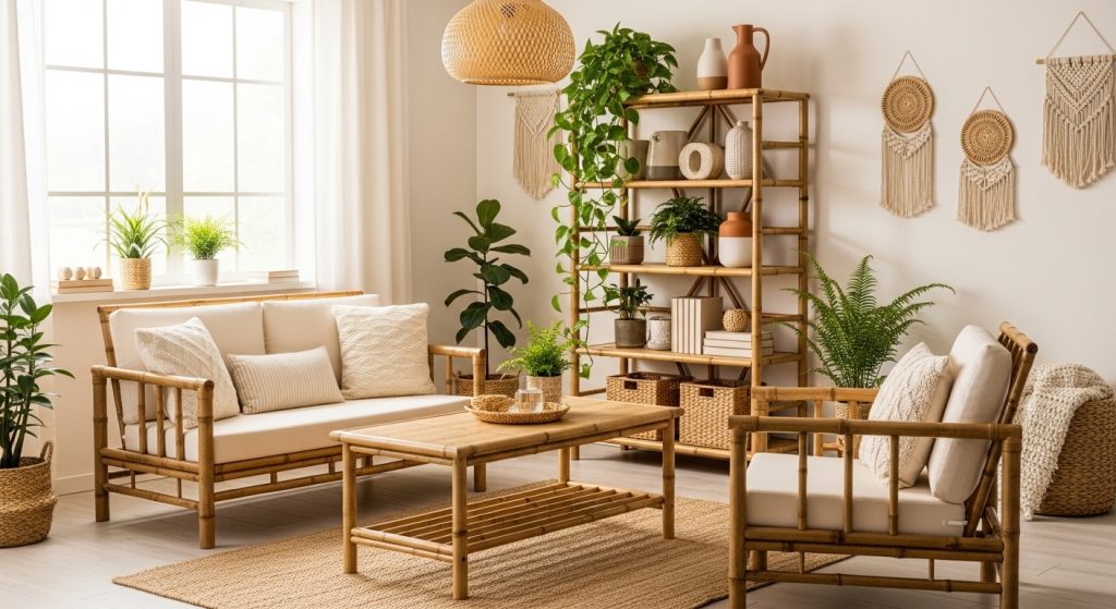 Bamboo Interior Ideas: Natural & Affordable Décor Inspiration 3 Bright living space with bamboo furniture, coffee table, chairs, open shelves, and greenery adding natural warmth and cozy texture.